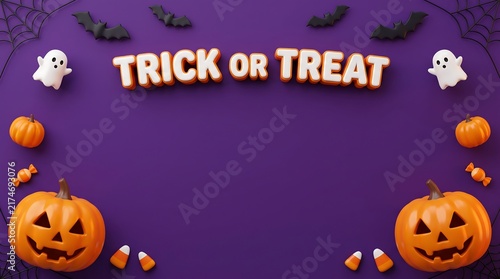 Trick or treat halloween greeting background with carved pumpkins ghost bats web and candy on purple jack olantern cute ghost spider web candy corn halloween decorations spooky season