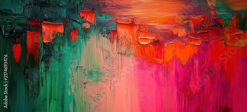 vibrant textured abstract painting with thick impasto strokes of teal and green blending into warm pinks, reds and orange conveying energetic movement and passion