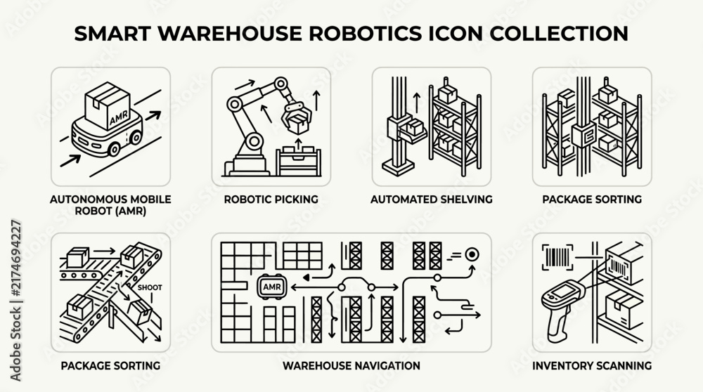 Fototapeta premium Smart warehouse robotics icon collection