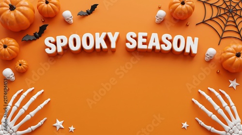 Spooky season flat lay composition with skeleton hands pumpkins skulls web on orange background spider web halloween typography pumpkins halloween banner celebration greeting template skeleton