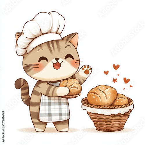 happy cat baker holding fresh loaves, smiling chef kitten in checked apron and hat beside a wicker basket of bread with floating hearts
