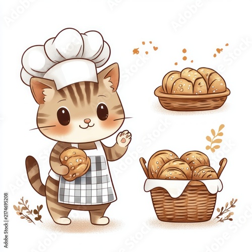 smiling kitten baker in chef hat and checked apron holding a bread roll with baskets of golden seeded rolls in a cozy cheerful scene