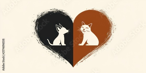 two white cats sitting inside a split heart with black and rust brown painted halves on a cream background evoking love balance and companionship