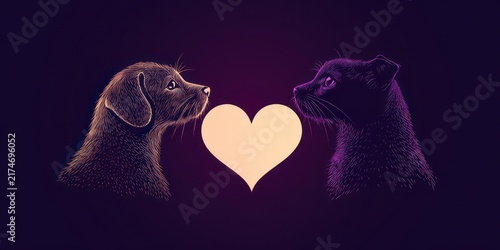 Dog and cat facing each other with glowing heart between them, tender affectionate connection on dark purple background