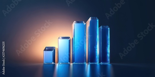 five translucent blue crystal bars arranged ascending on a reflective surface with warm backlight, minimalist futuristic optimism