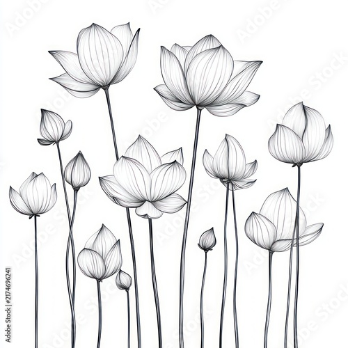 delicate tall lotus flowers and buds in black-and-white line illustration with graceful slender stems and layered petals conveying calm and elegance