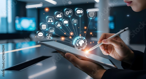 Businessman using digital tablet with futuristic technology icons and network connectivity in office