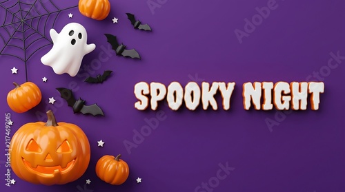 Spooky night halloween text background featuring jack o lantern pumpkins and cute ghost on purple background trick or treat halloween celebration seasonal decoration background creative