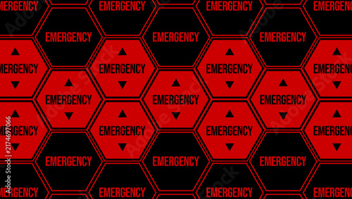 ハニカム構造の赤い六角形にEMERGENCYの文字で警告する背景