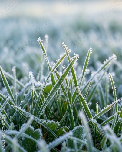 The first frost on the autumn grass, frozen green blades of grass covered with delicate ice crystals and dew drops at dawn, concept of transition from autumn to winter on a cool morning meadow.
