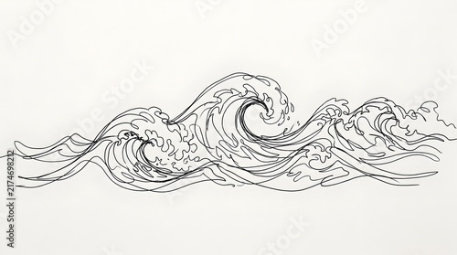 Minimalist continuous line drawing of stylized ocean waves with flowing crest curl, black and white sea wave art on white background, abstract nature illustration for coastal and wellness design