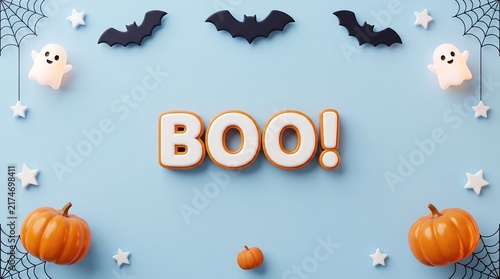 Halloween background with boo text ghosts bats stars spider webs on a light blue backdrop halloween decoration spooky holiday flat lay 3D render pumpkins halloween celebration spiderweb