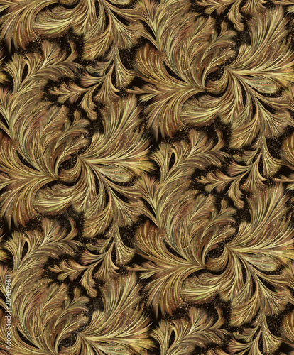 Seamless sophisticated luxury gold feather and botanical sprout texture with glowing particles and elegant organic curves