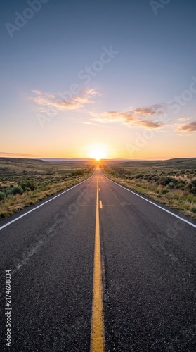 Empty asphalt road stretches to the horizon under a soft sunset sky with scattered clouds
