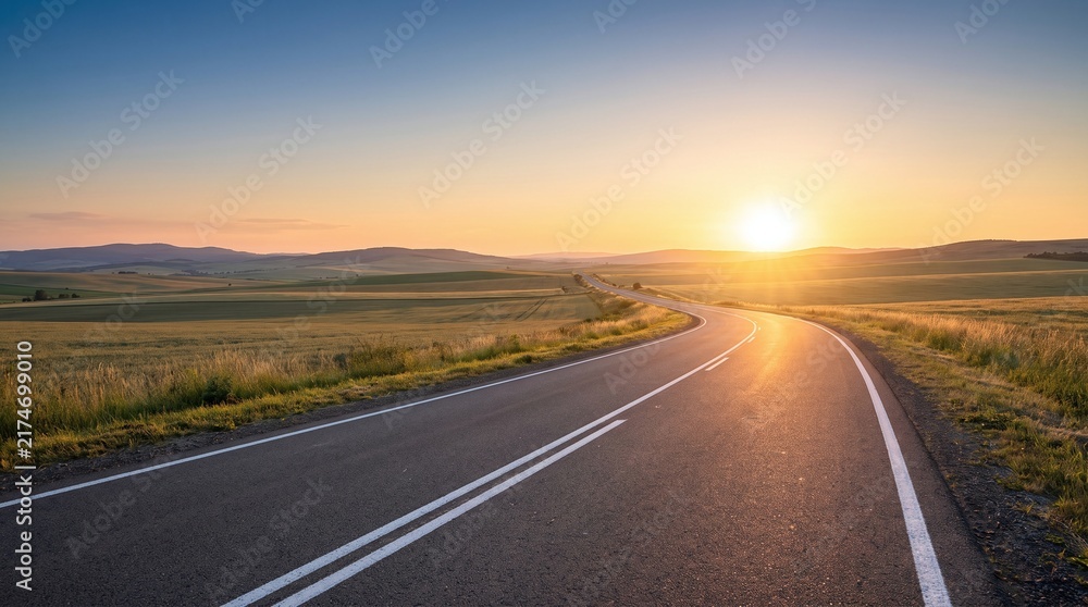 Fototapeta premium Winding asphalt road through golden fields under a bright sunset sky highway