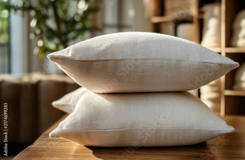 two neutral linen-textured throw pillows stacked on a wooden table in a sunlit cozy living room with shelves, ceramics, and a plant, calm and inviting
