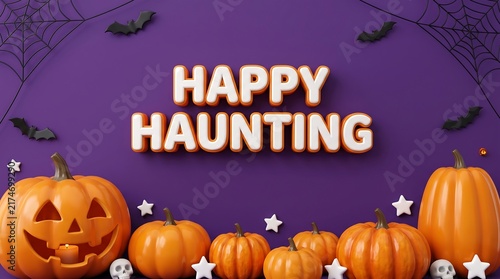 Happy haunting text with carved pumpkins and bats on a purple background for halloween celebration jack o lantern spider web halloween celebration decoration greeting seasonal tradition