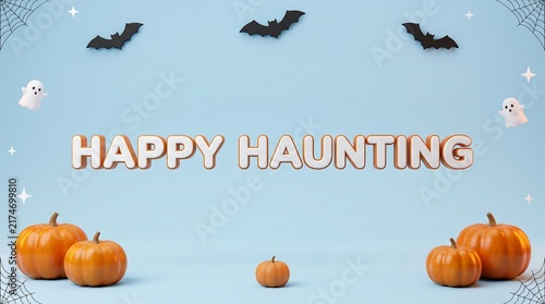 Happy haunting typography with pumpkins and bats on light blue background for halloween minimalist celebration decoration greeting seasonal template background illustration
