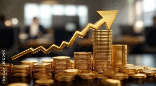 stacks of gold coins with a rising zigzag golden arrow in a blurred office scene conveying financial growth and optimistic success