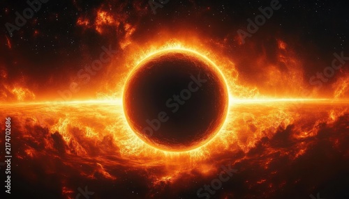 dark central sphere encircled by a blazing fiery ring and a horizontal luminous band over turbulent flaming nebula, dramatic and apocalyptic mood