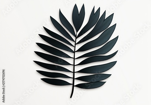 black stylized palm frond cutout casting a soft shadow on white background, minimalist and serene