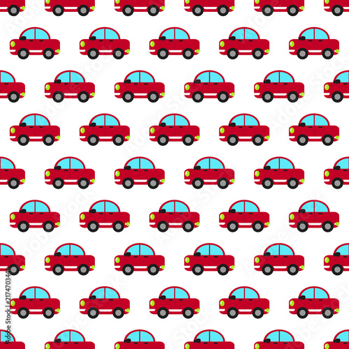 Seamless pattern of small red cartoon cars repeating on a clean white background.