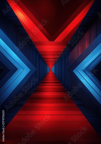 Converging red corridor with glowing blue chevron panels, layered triangular passage and dramatic futuristic perspective evoking tension and depth