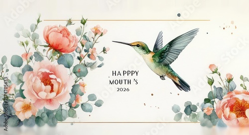 watercolor hummingbird hovering among peach and coral peonies and eucalyptus leaves with gold border lines and paint splatters, delicate and serene floral scene with central inscription