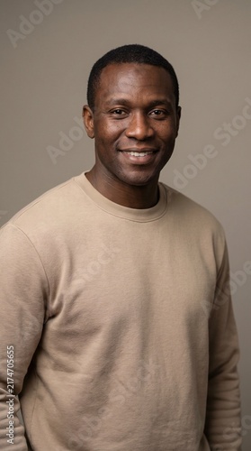 Portrait of a smiling young black man looking at camera against neutral studio background