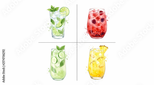Watercolor painting collection featuring refreshing summer fruit infused beverage glasses with citrus lime strawberry cucumber and pineapple slices prepared for warm weather seasonal garden