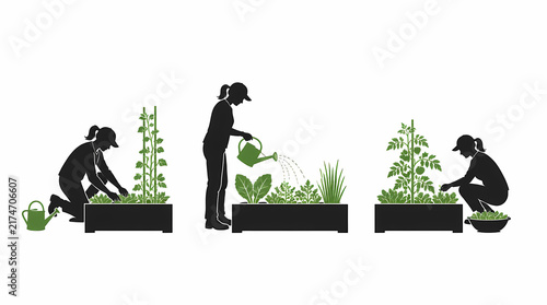 Person gardening in raised bed containers with plants and watering can during outdoor cultivation activity