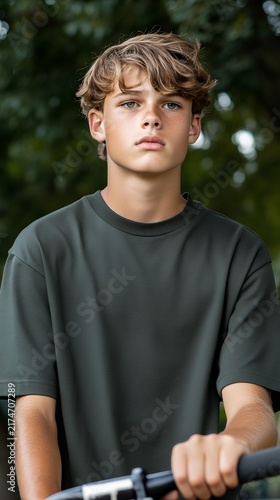 Teen boy in a green shirt, standing outdoors with his bicycle, looking serious and thoughtful