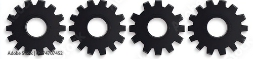 four black metal gears aligned in a row on a white background conveying mechanical precision and orderly repetition