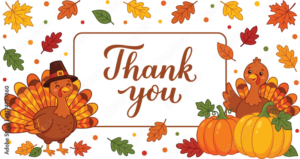 Fototapeta premium Thanksgiving Thank you card design with cute turkeys, pumpkins, and autumn leaves