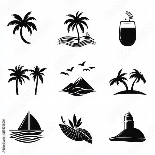 nine black tropical and nautical silhouettes showing palm trees, waves, sailboat, cocktail, mountain with birds, island, lighthouse and tropical leaf with a relaxed vacation mood