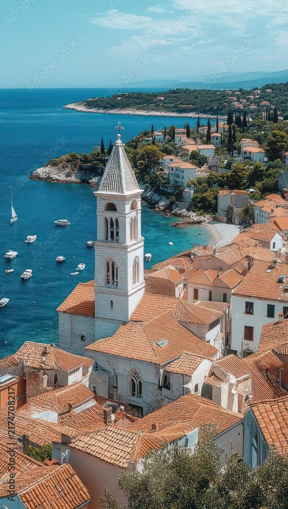 Fototapeta premium sunlit coastal town with terracotta roofs and stone church tower overlooking turquoise sea and sailboats, evoking peaceful seaside charm