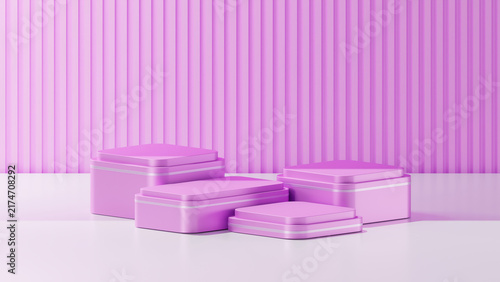 3D rendering of a cube shaped podiums with curved corners. 4 cube podiums with metallic Pink shaders. Podium template for product replacement