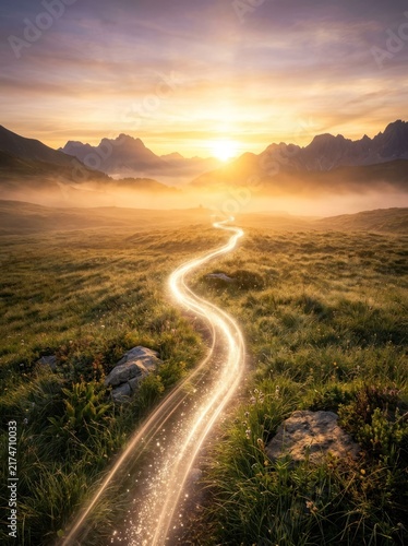 Mystical Winding Road Through Misty Mountains at Sunrise.