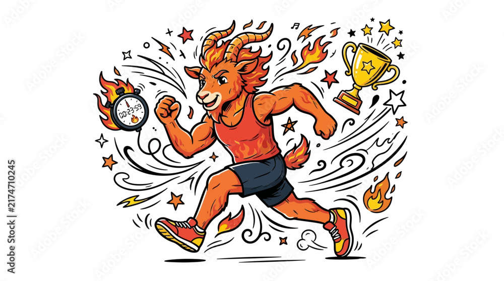 Fototapeta premium Fire goat athlete running toward victory with trophy and stopwatch