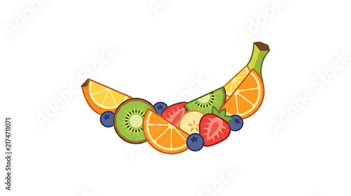 Creative fruit salad arrangement in banana shape featuring vibrant orange slices kiwi half fresh strawberries sweet banana and ripe blueberries.