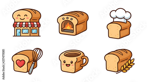 Whimsical anthropomorphic bread characters and baking items like ovens and shops for delightful bakery themes.