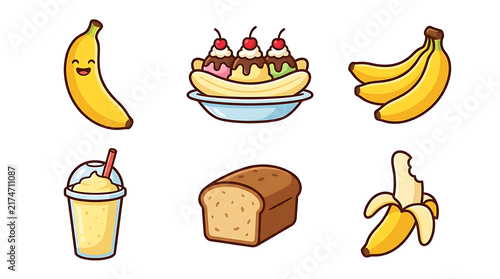 Cute cartoon banana vector set containing smiley fruit banana split milkshake loaf of bread and peeled banana stickers isolated on white background.