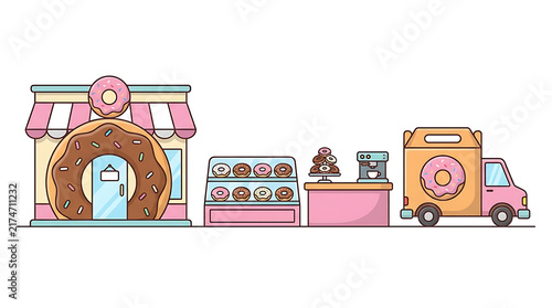 Donut shop storefront with chocolate donut door and pink awning features pastry display case beside coffee station and delivery truck on white ground.