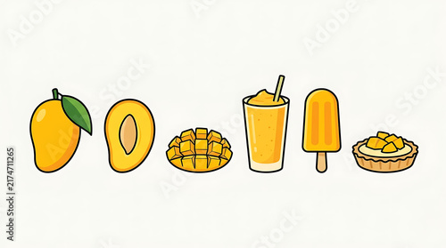 Set of tasty mango products including fresh fruit slice diced cubes smoothie drink popsicle and sweet fruit tart for summer culinary presentations.
