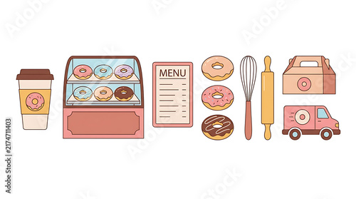Donut shop collection featuring pastry display case menu board whisk rolling pin takeaway container and delivery truck on plain white background set.