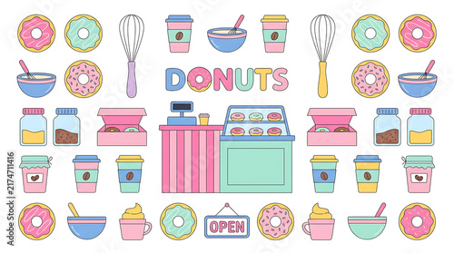 Cute bakery donut shop vector element set in pastel pink and blue colors featuring sweet glazed rings baking tools showcase stand coffee and open sign.