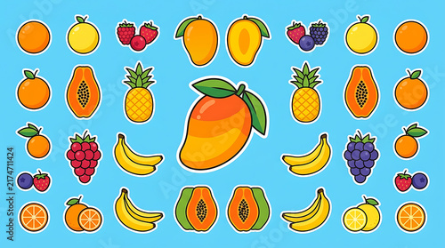 Sticker set of colorful tropical fruits featuring giant orange mango papaya pineapple banana citrus slices and berries arranged on bright blue background.