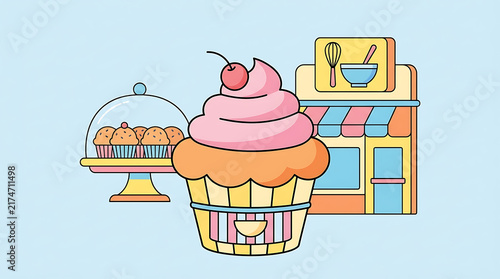 Illustration of cupcake bakery with large frosted cupcake, small cupcakes on stand, and storefront on light blue background.