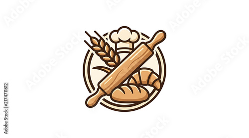 Bakery logo template with wheat stalks wooden rolling pin fresh bread and croissant arranged in circular composition for artisan bakery brand identity.