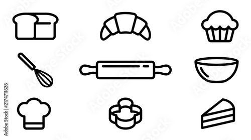 Set of black linear bakery icons featuring bread loaf croissant cupcake whisk rolling pin mixing bowl chef hat cookie cutter and slice of cake design.
